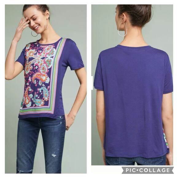 Anthropologie Maeve Maddie Blue Paisley Floral Striped Top Medium Layered Boho - Picture 1 of 14